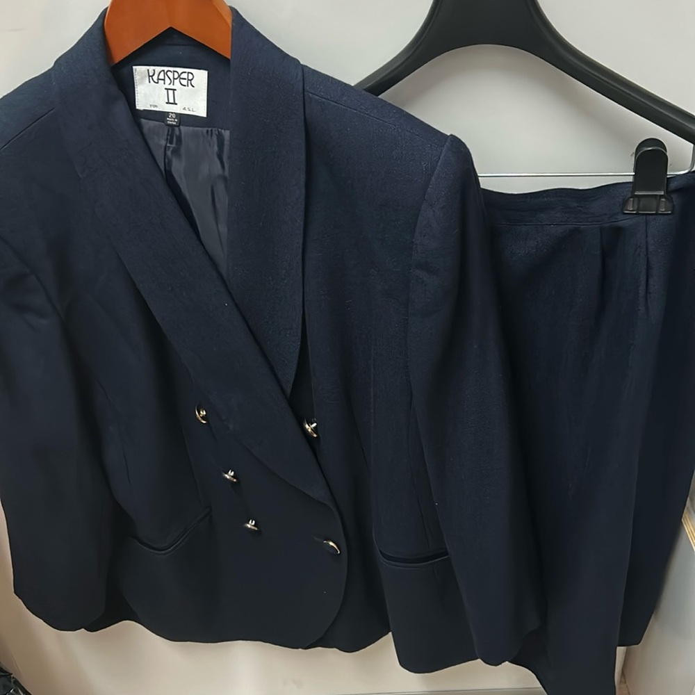 Kasper Navy Double-Breasted Blazer with Matching Skirt